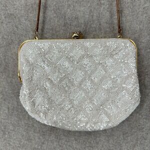 Vintage La Regale White Beaded Evening Purse Beaded Strap Crossbody Clutch Glam